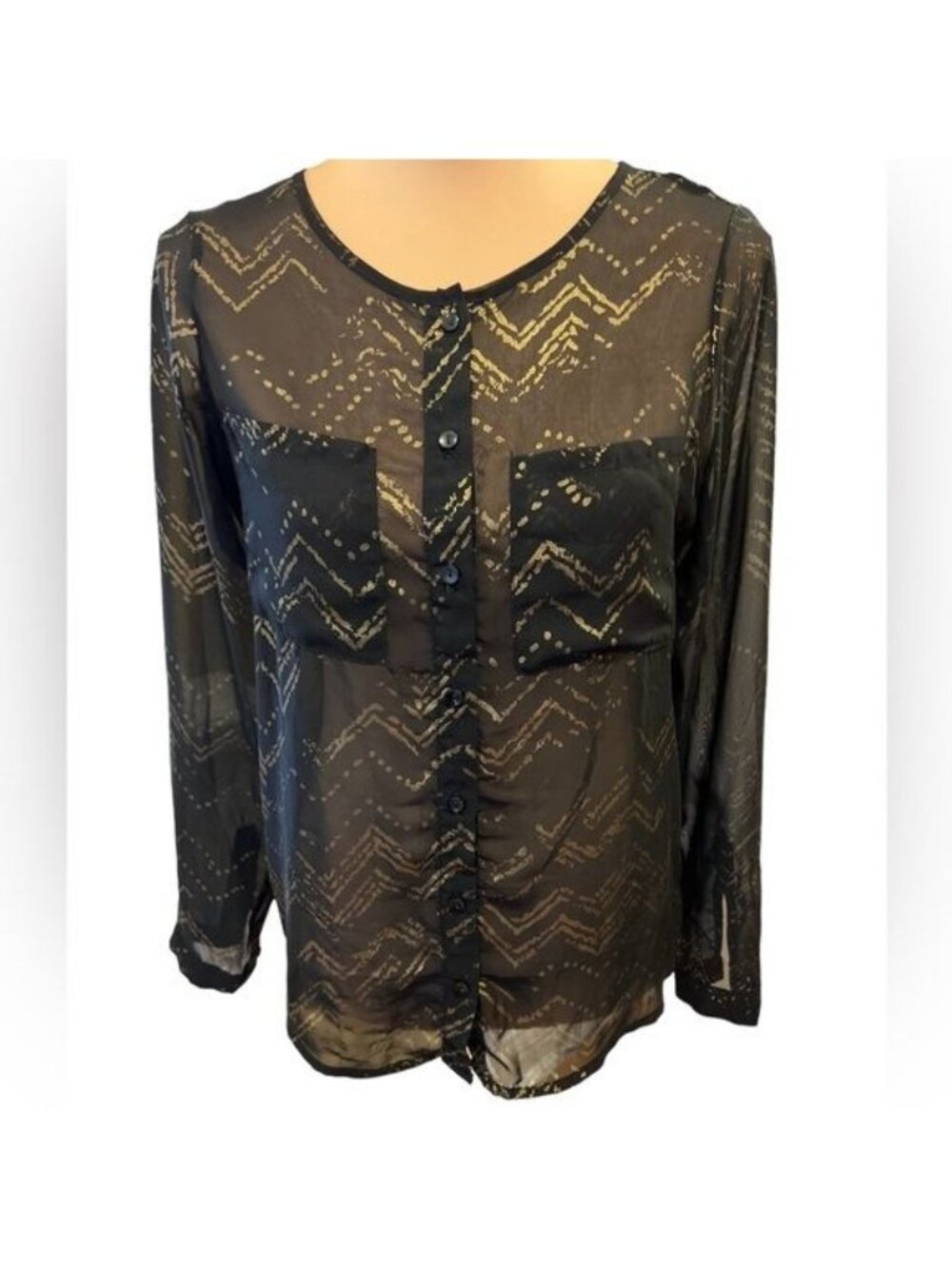Olive & Oak Sheer Blouse Size XS Black with Gold Metallic Accents